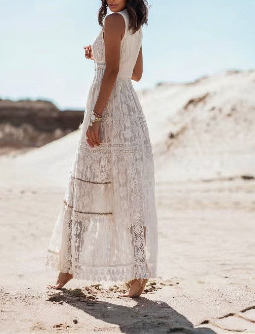 Boho Lace Maxi Dress | Sleeveless V-Neck | Lightweight Fabric | Summer Elegance