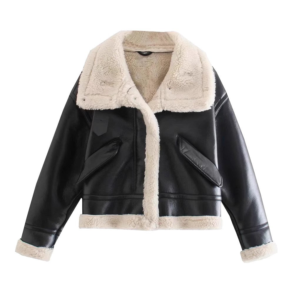 Faux Leather Aviator Jacket | Shearling-Lined Warmth | Black & White Contrast | Winter Style