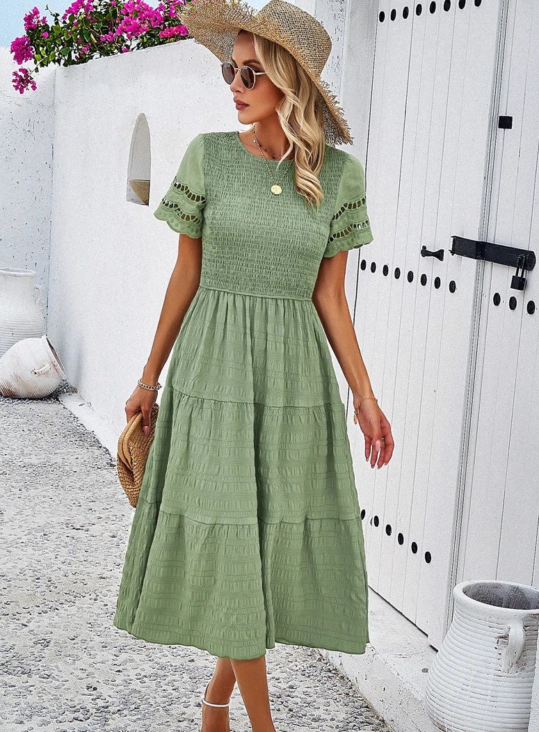 Tiered Midi Dress | Smocked Bodice | Short Sleeve Flowy Fit