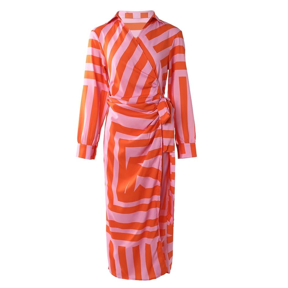 Bold Stripe Satin Midi Dress | Belted Waist | Vibrant Statement Style