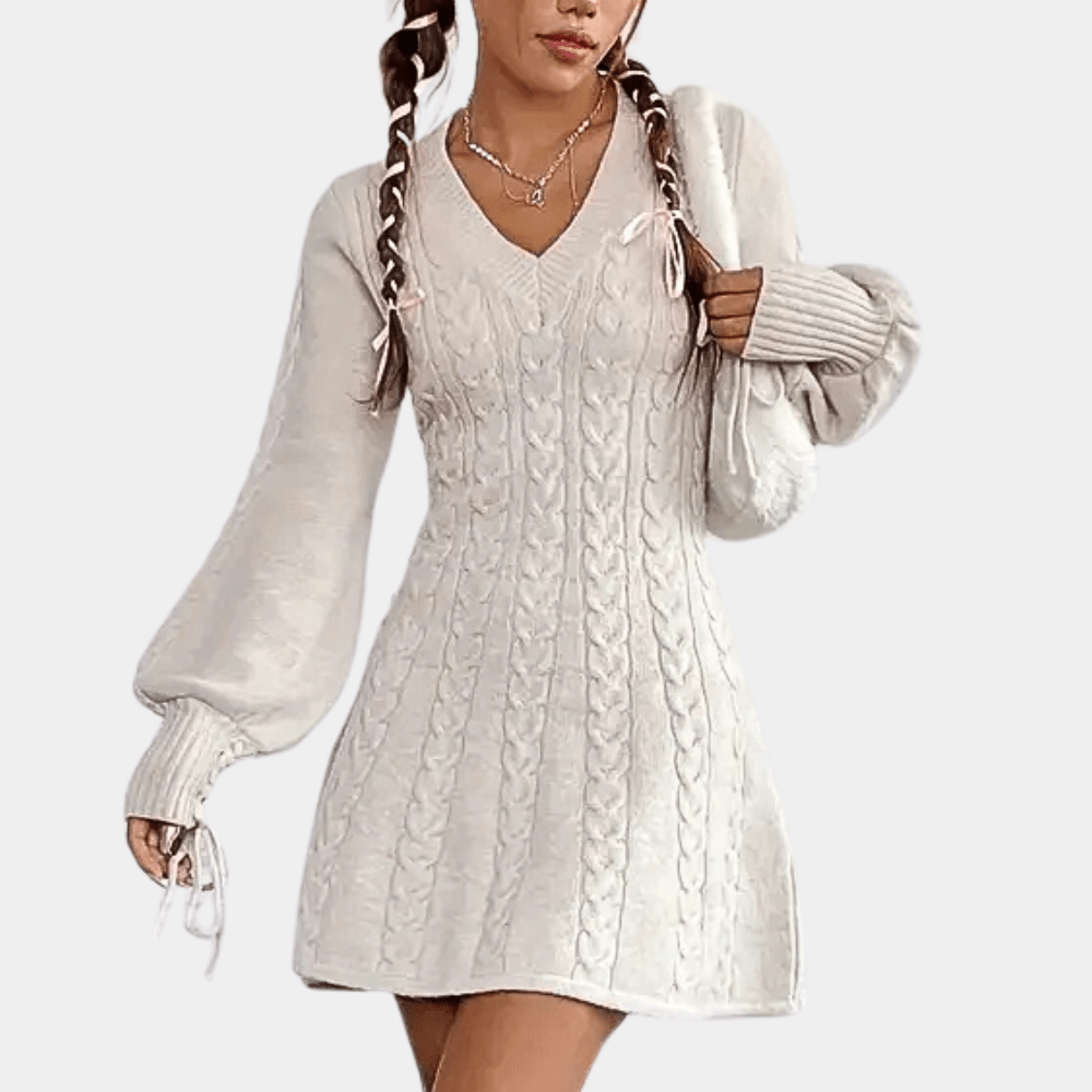 Cable-Knit Sweater Dress | V-Neckline | Flared Mini with Balloon Sleeves