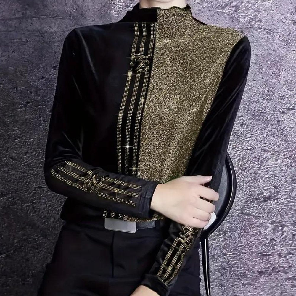 High-Neck Velvet Blouse | Elegant Gold Accent | Luxurious Velvet Blend | Evening Wear