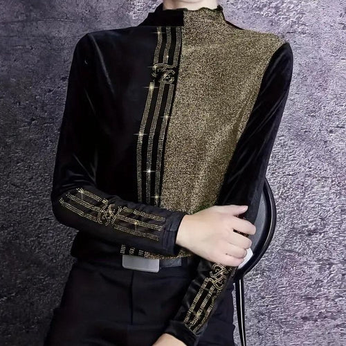 High-Neck Velvet Blouse | Elegant Gold Accent | Luxurious Velvet Blend | Evening Wear