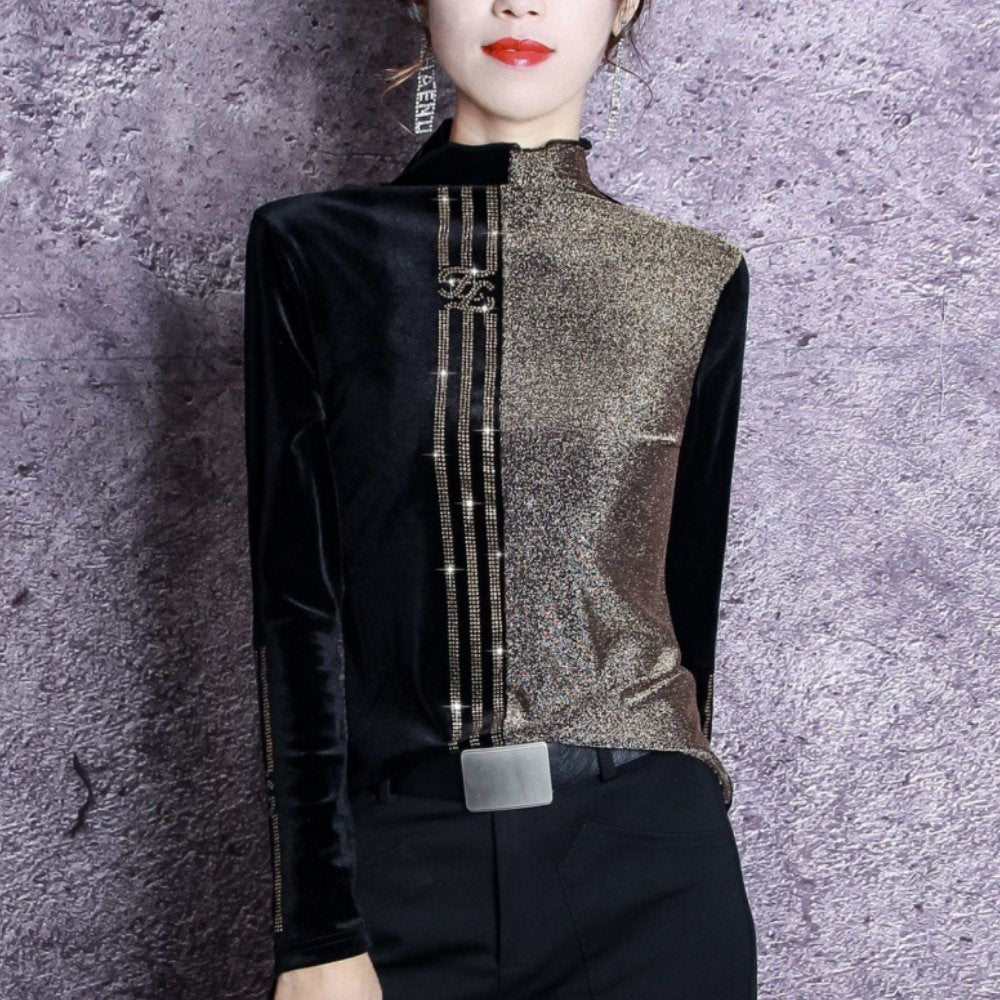 High-Neck Velvet Blouse | Elegant Gold Accent | Luxurious Velvet Blend | Evening Wear