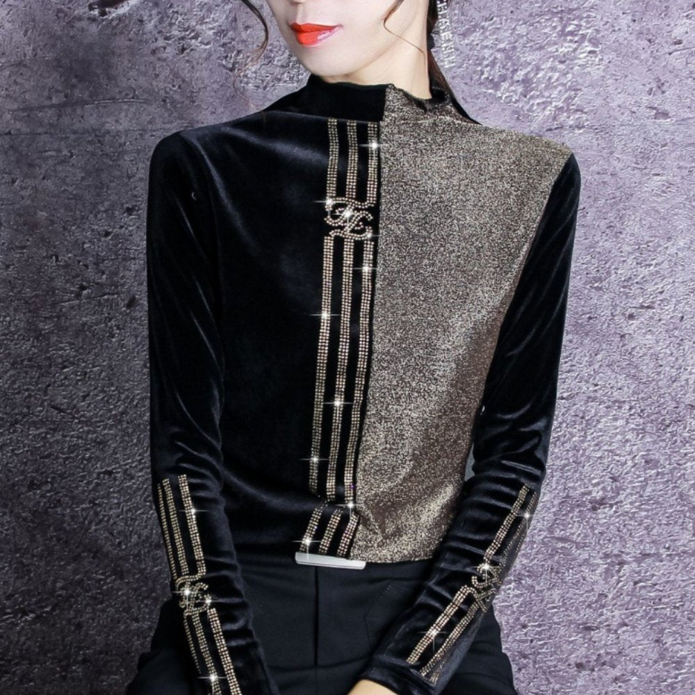 High-Neck Velvet Blouse | Elegant Gold Accent | Luxurious Velvet Blend | Evening Wear
