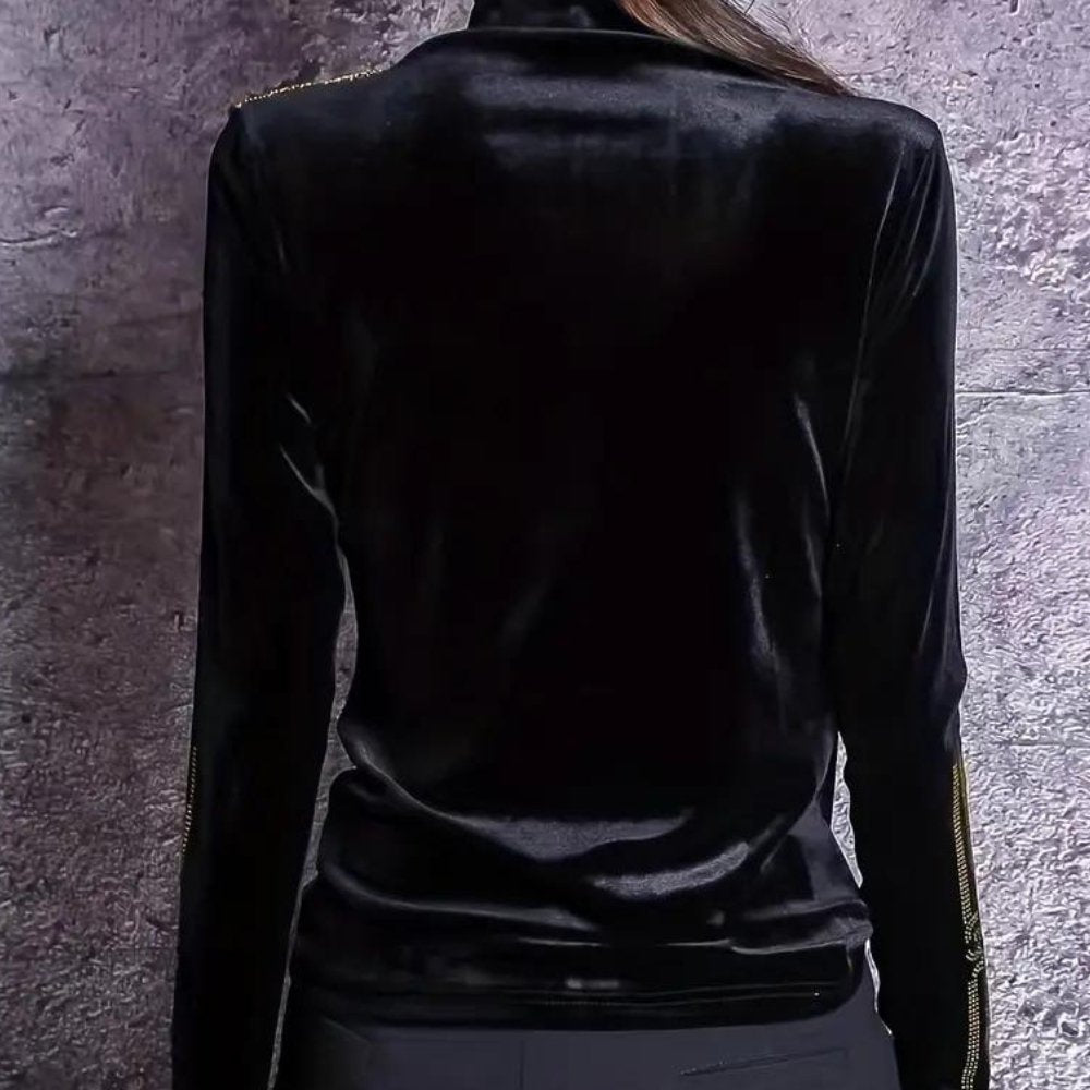 High-Neck Velvet Blouse | Elegant Gold Accent | Luxurious Velvet Blend | Evening Wear