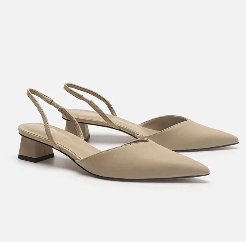 Slingback Heels | Pointed Toe Low Block Heel | Sleek Faux Leather Finish
