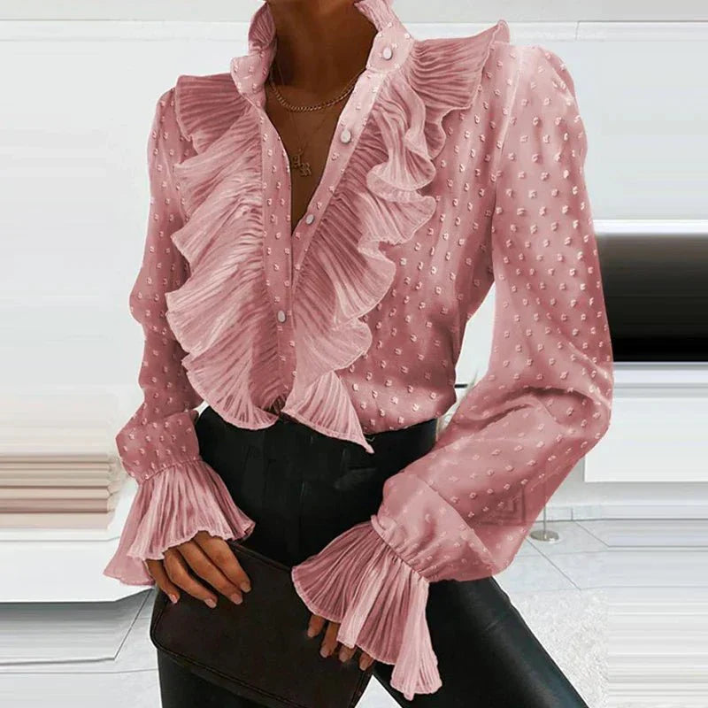 Ruffled Pleated Blouse | Statement Collar & Cuffs | Elegant Textured Long Sleeve Top
