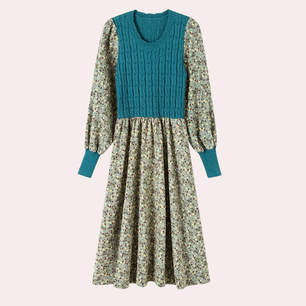 Knit and Floral Midi Dress | Puff Sleeve Detail | Elegant Layered Look