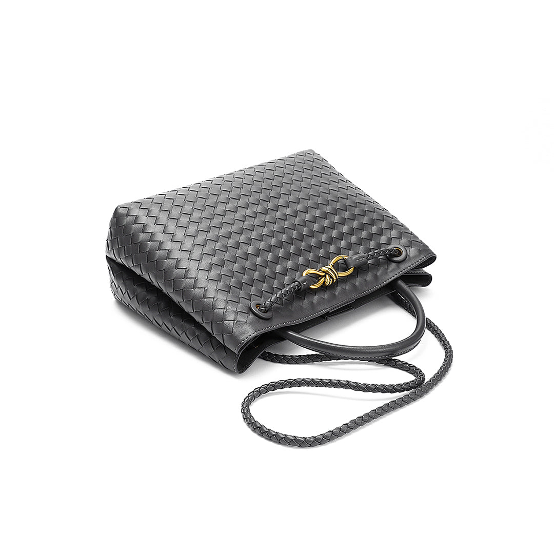 Woven Leather-Look Tote Bag | Gold Knot Detail | Structured Everyday Handbag
