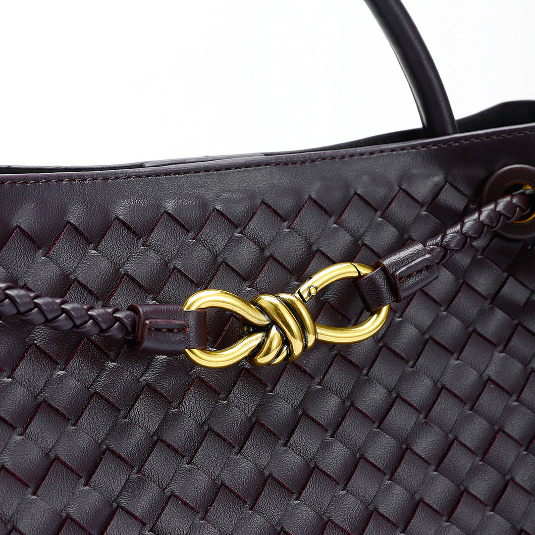 Woven Leather-Look Tote Bag | Gold Knot Detail | Structured Everyday Handbag