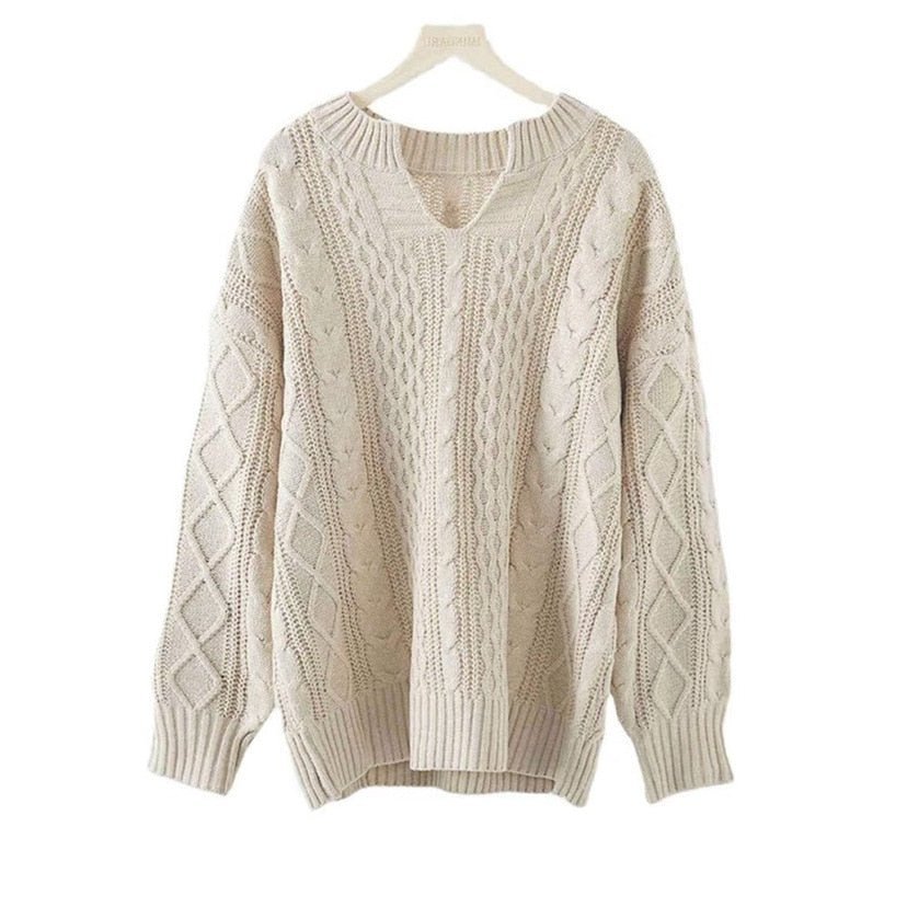 Oversized Cable Knit Sweater | V-Neck Design | Soft Acrylic Blend | Casual Winter Style