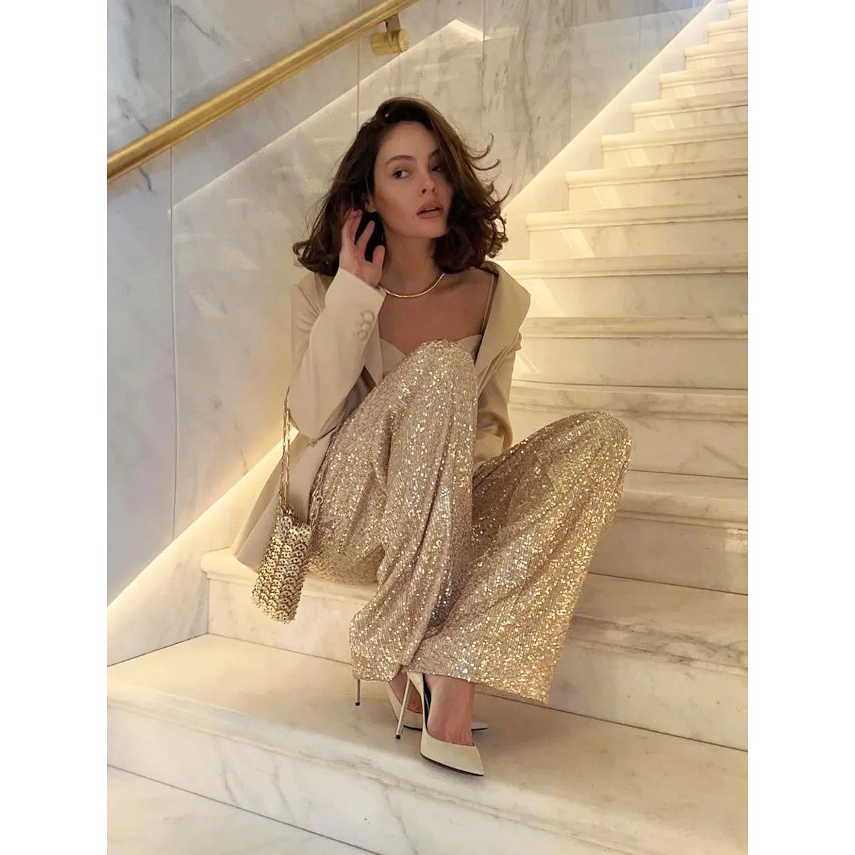 Sequin Wide-Leg Pants | High-Waisted Glam Fit | Evening Party Trousers