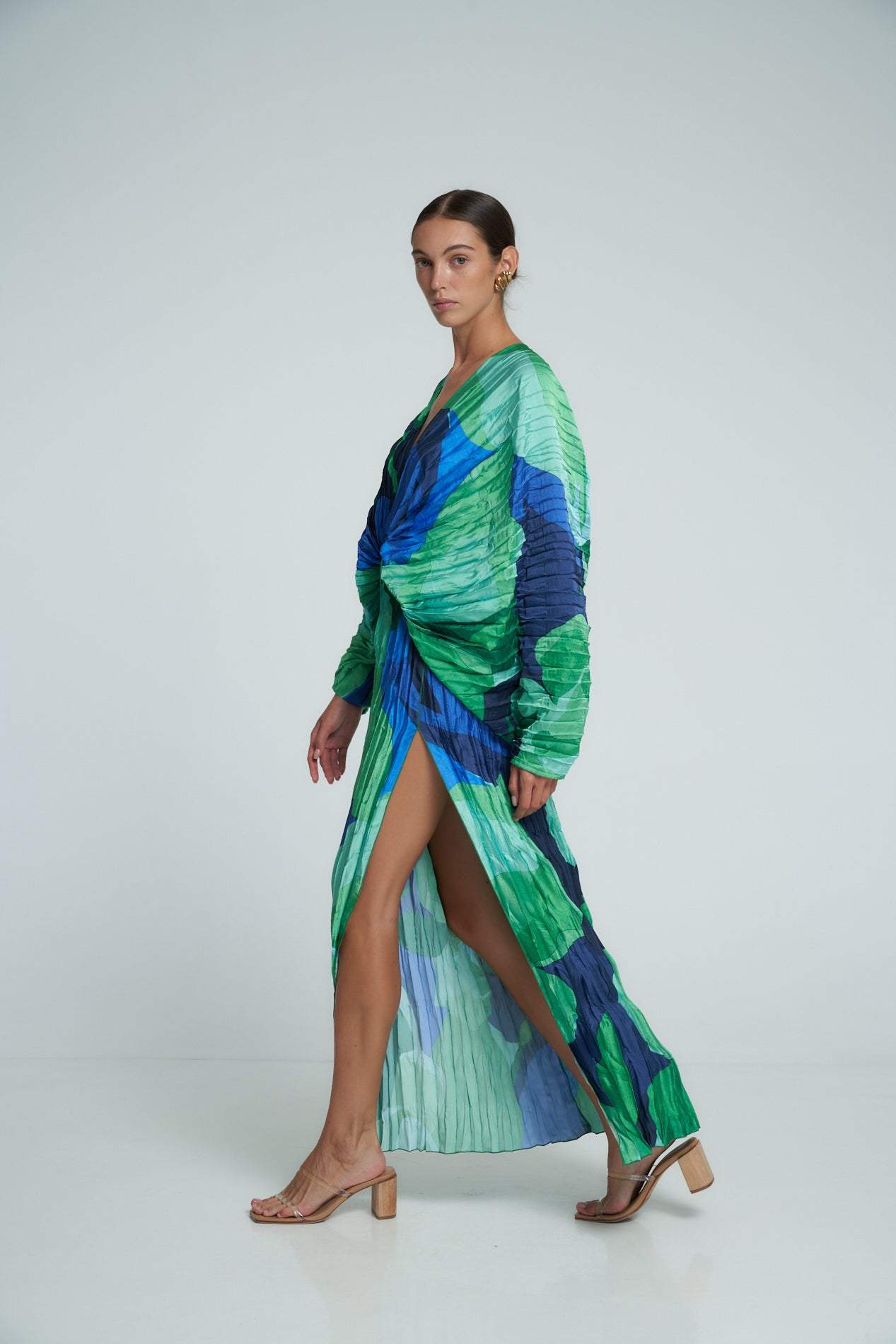 Pleated Maxi Dress | Vibrant Green & Blue Print | Long Sleeve
