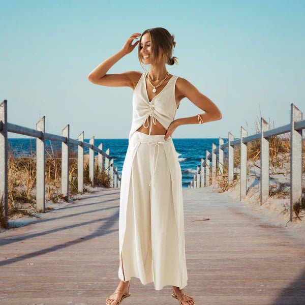 Two-Piece Beach Set | Drawstring Crop Top & Wide-Leg Pants | Lightweight Linen Blend
