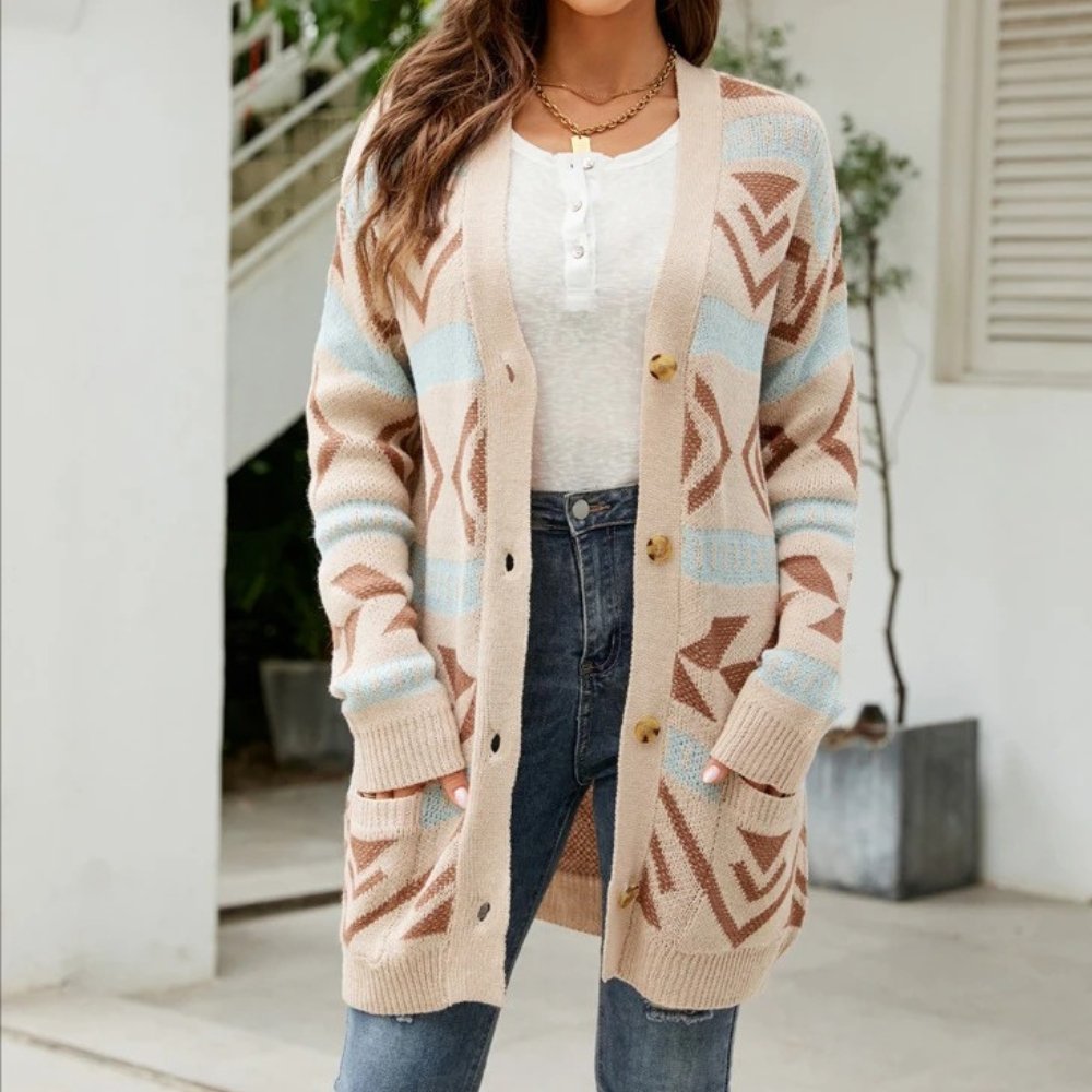 Patterned Button-Up Cardigan | Warm Acrylic Blend | Stylish Fall Layer