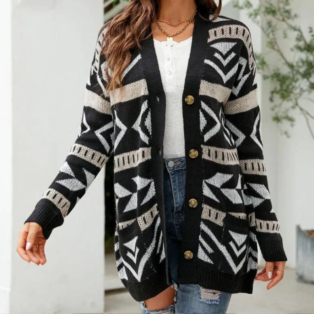 Patterned Button-Up Cardigan | Warm Acrylic Blend | Stylish Fall Layer