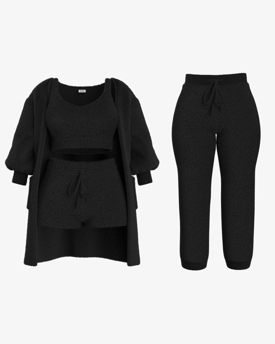 Fuzzy Loungewear Set | Cozy Cardigan, Crop Top & Shorts | Plush Texture