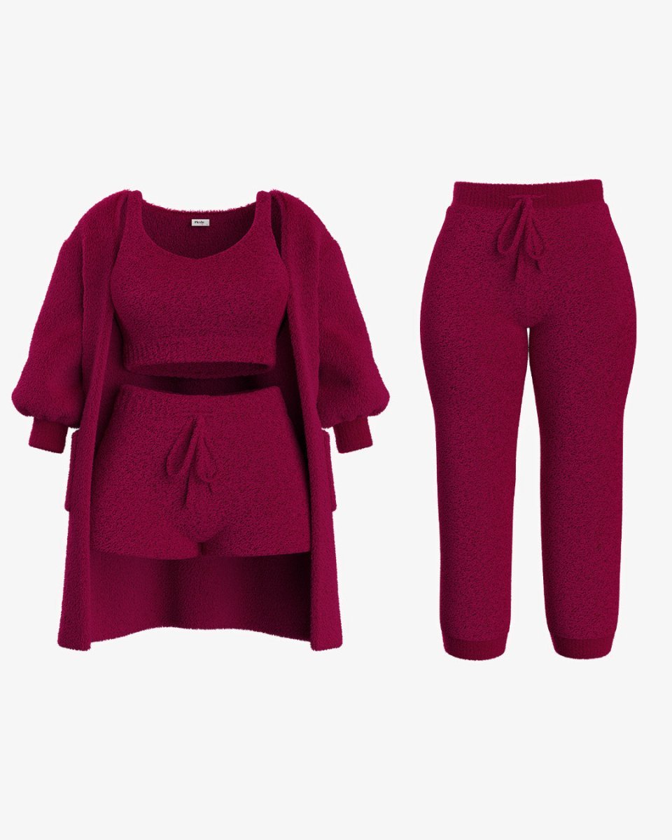Fuzzy Loungewear Set | Cozy Cardigan, Crop Top & Shorts | Plush Texture