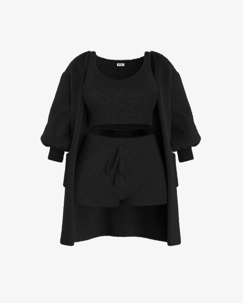 Fuzzy Loungewear Set | Cozy Cardigan, Crop Top & Shorts | Plush Texture