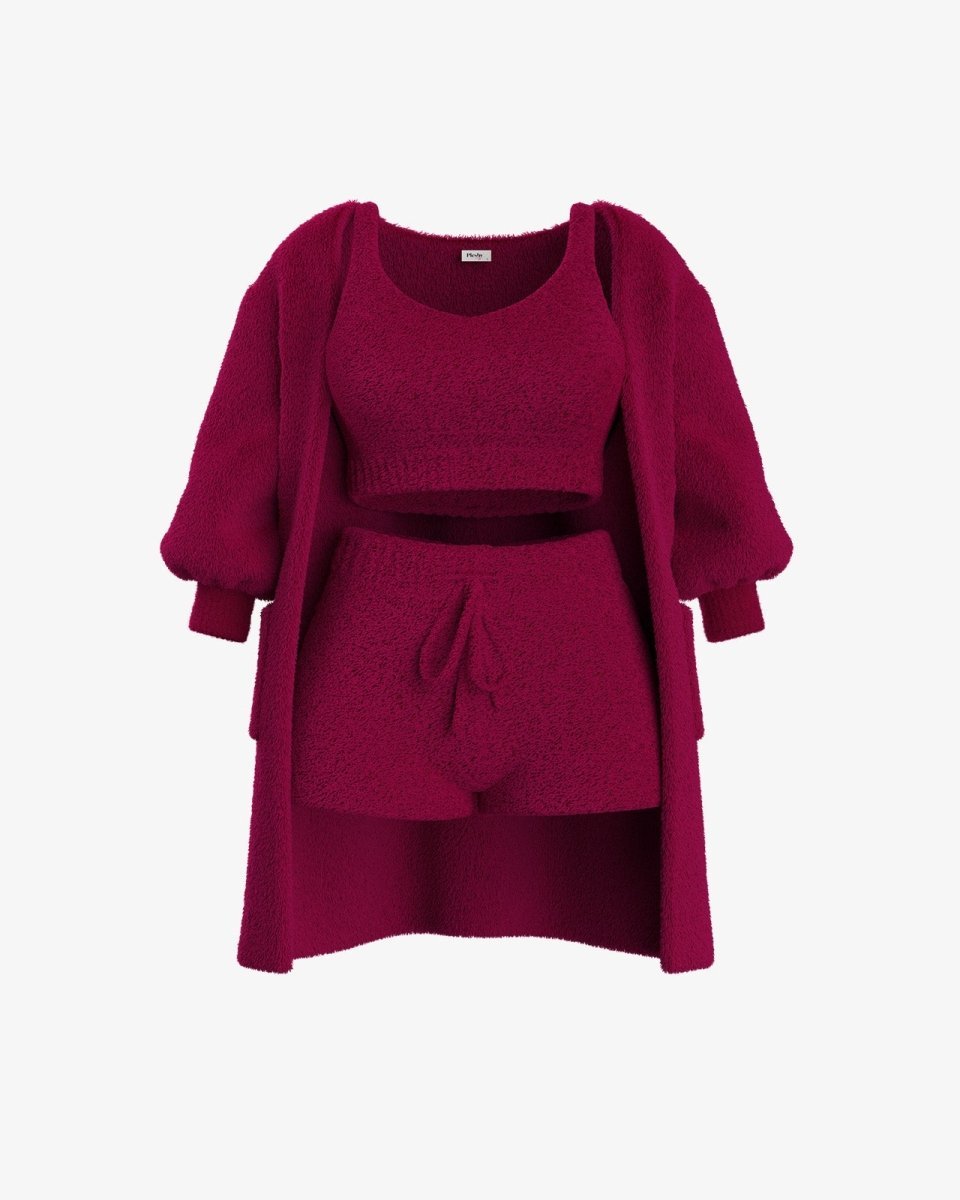 Fuzzy Loungewear Set | Cozy Cardigan, Crop Top & Shorts | Plush Texture