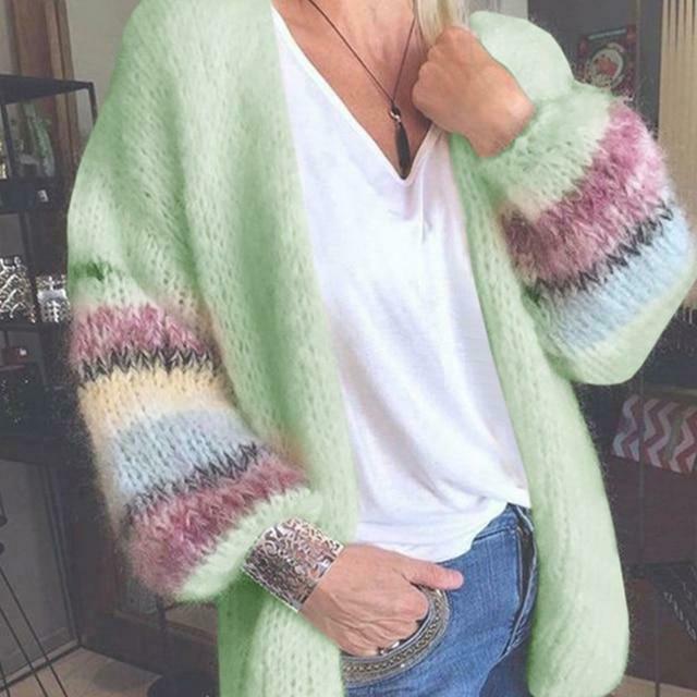 Colour-Block Fuzzy Cardigan | Soft Open-Front Design | Striped Balloon Sleeves | Cozy Chic