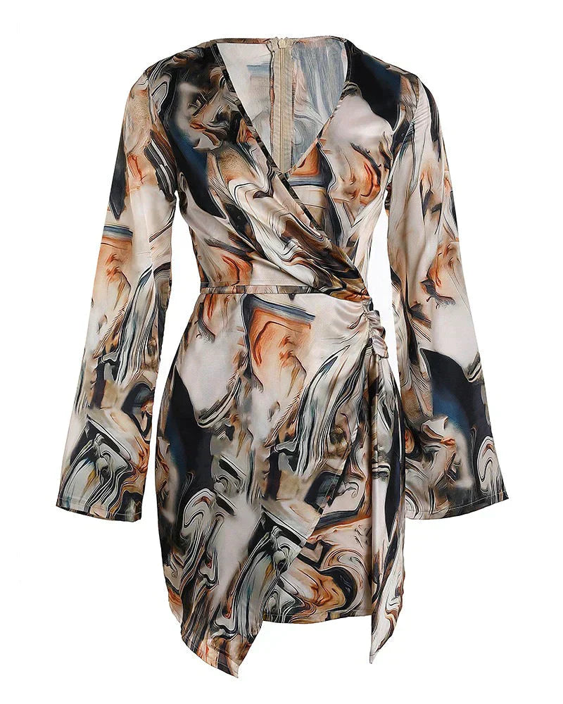 Satin Wrap Dress | Abstract Print with Long Sleeves & Side Tie | Elegant Evening Silhouette