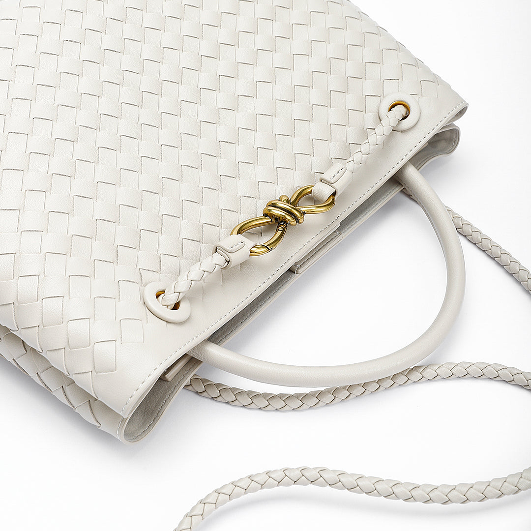 Woven Leather-Look Tote Bag | Gold Knot Detail | Structured Everyday Handbag