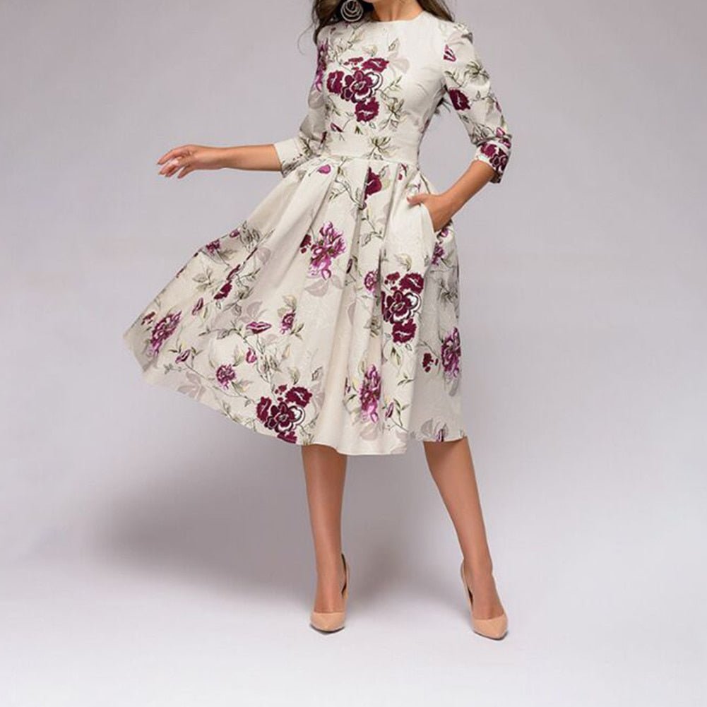 Fit-and-Flare Midi Dress | 3/4 Sleeve & Pleated Skirt | Vintage Floral Print