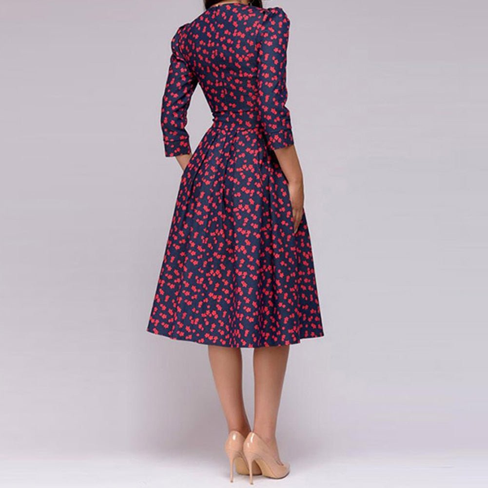 Fit-and-Flare Midi Dress | 3/4 Sleeve & Pleated Skirt | Vintage Floral Print