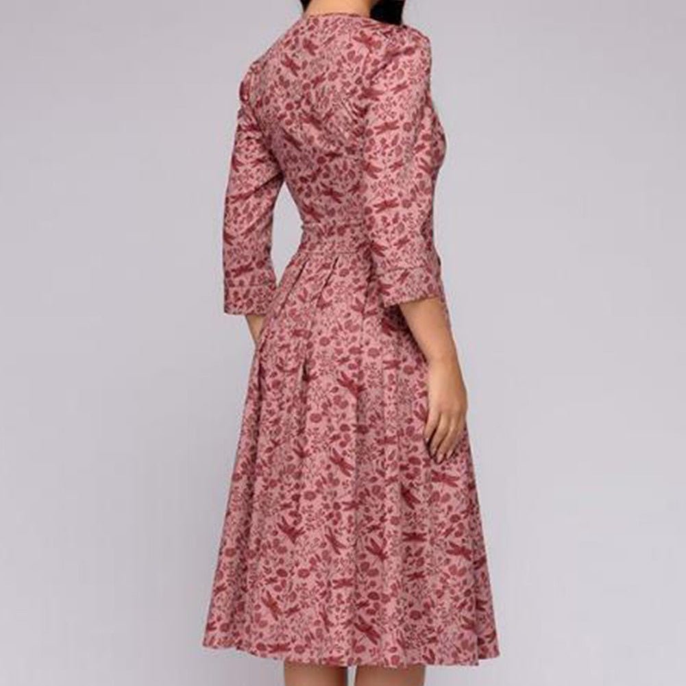 Fit-and-Flare Midi Dress | 3/4 Sleeve & Pleated Skirt | Vintage Floral Print