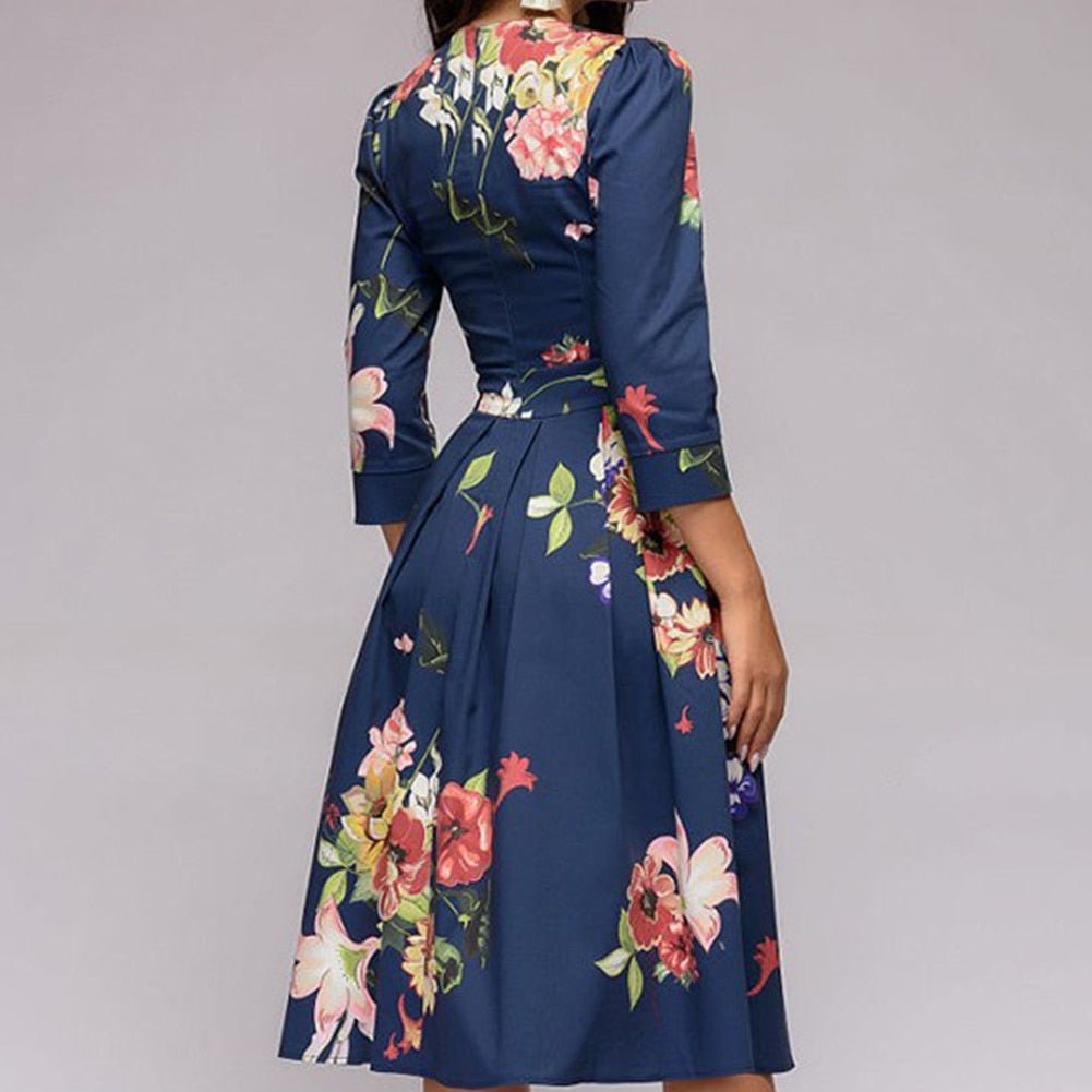 Fit-and-Flare Midi Dress | 3/4 Sleeve & Pleated Skirt | Vintage Floral Print