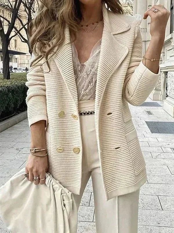 Elegant Double-Breasted Knit Blazer | Tailored Comfort | Soft Wool Blend | Office to Evening Wear