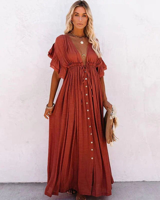 Bohemian Maxi Dress | Button-Front Design | 100% Cotton