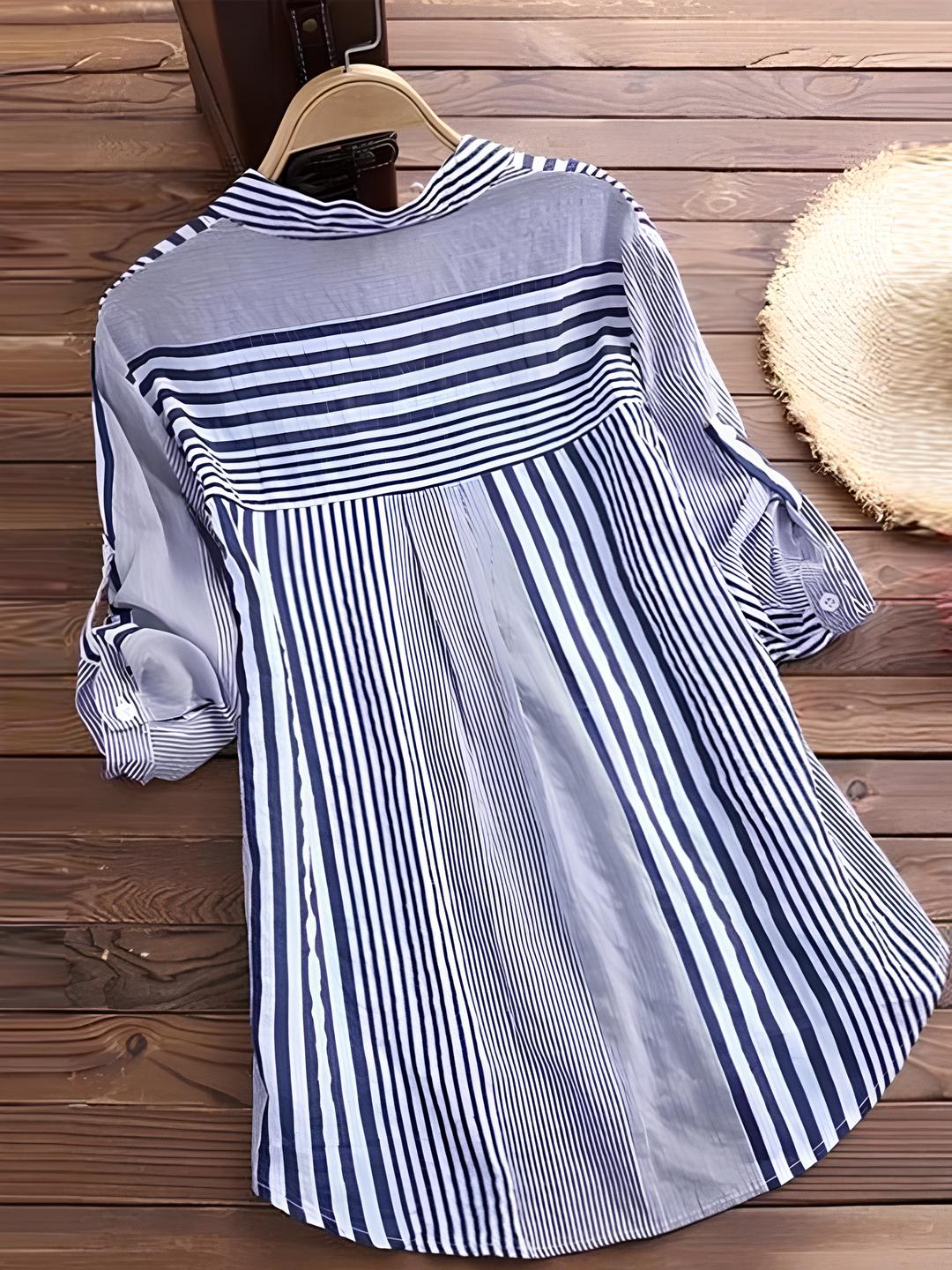 Striped Button-Up Blouse | Mixed Stripe Pattern | Lightweight Everyday Shirt