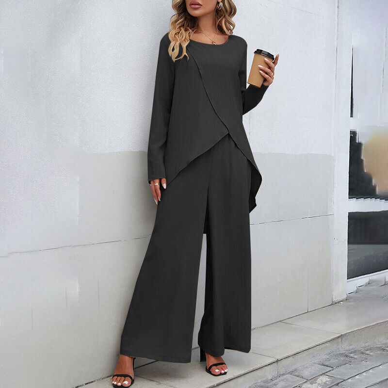 Two-Piece Wide-Leg Pants Set | Asymmetrical Top | Relaxed Elegant Fit