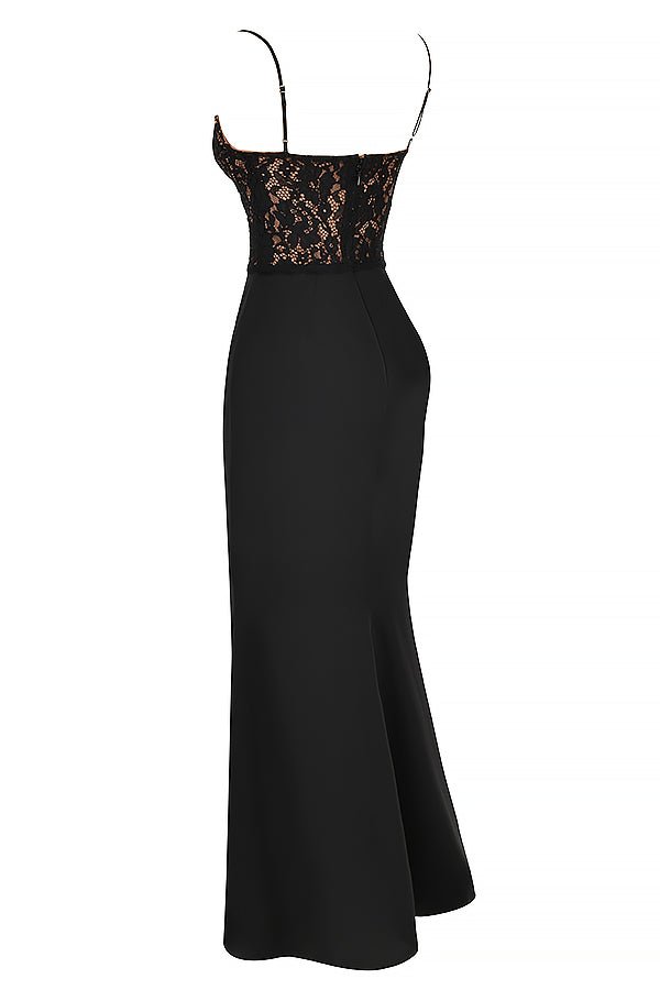 Lace-Detail Maxi Gown | Sleek Fit | Spaghetti Straps | Black