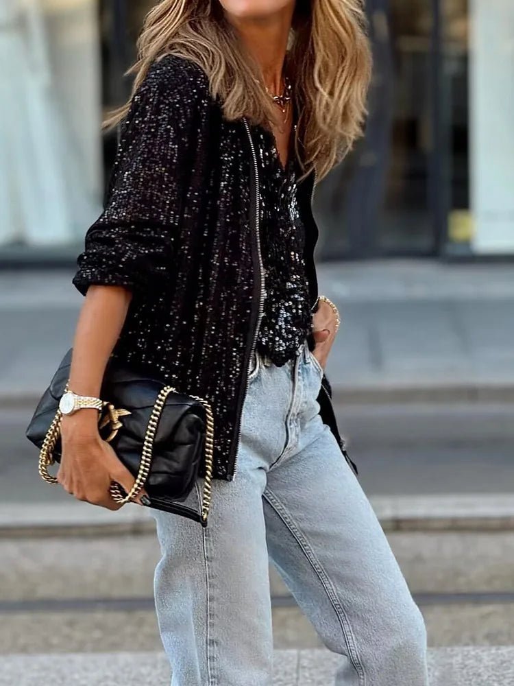 Sequin Embellished Bomber Jacket | Lightweight Glam | Party-Ready Style