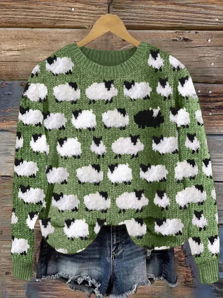 Whimsical Sheep-Print Sweater | Playful Charm | Soft Knit | Casual Fun