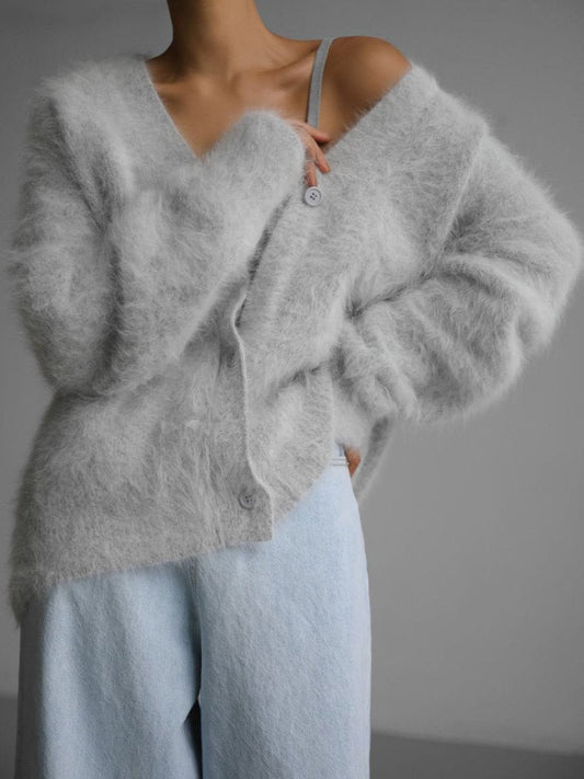 Soft Fuzzy V-Neck Sweater | Relaxed Fit | Plush Mohair Blend | Cosy Minimalist Style
