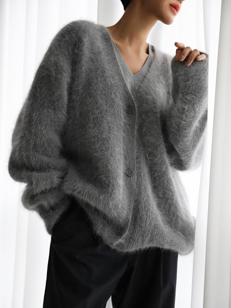 Soft Fuzzy V-Neck Sweater | Relaxed Fit | Plush Mohair Blend | Cosy Minimalist Style