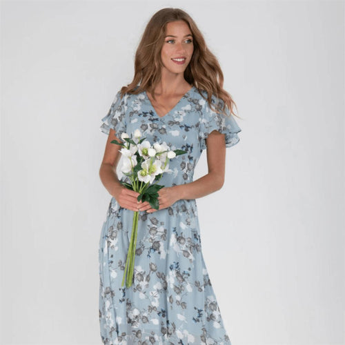 Floral A-Line Midi Dress | V-Neck with Flutter Sleeves | Lightweight Chiffon Layer