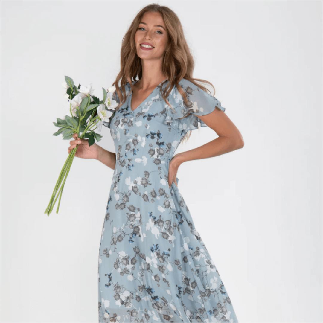 Floral A-Line Midi Dress | V-Neck with Flutter Sleeves | Lightweight Chiffon Layer