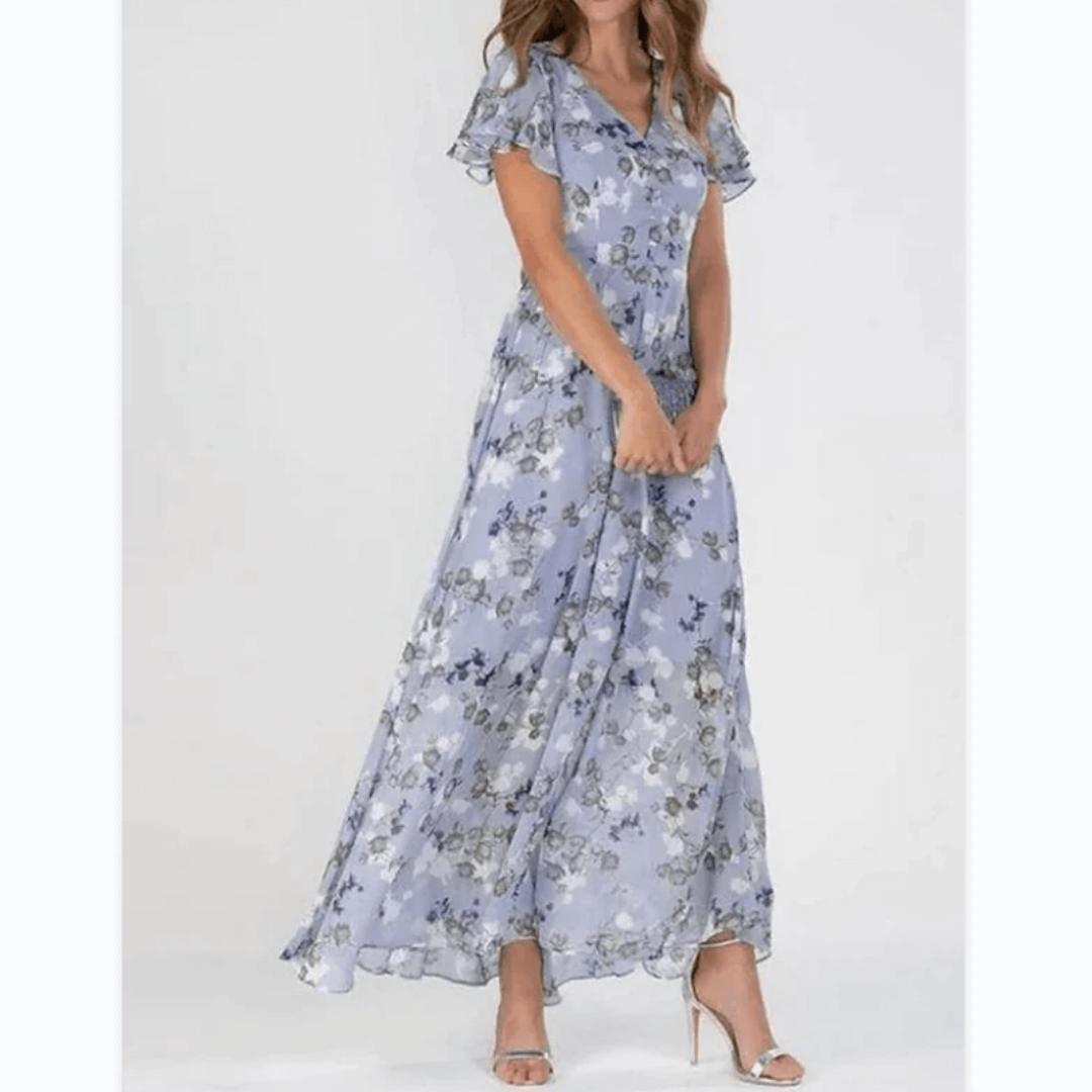 Floral A-Line Midi Dress | V-Neck with Flutter Sleeves | Lightweight Chiffon Layer