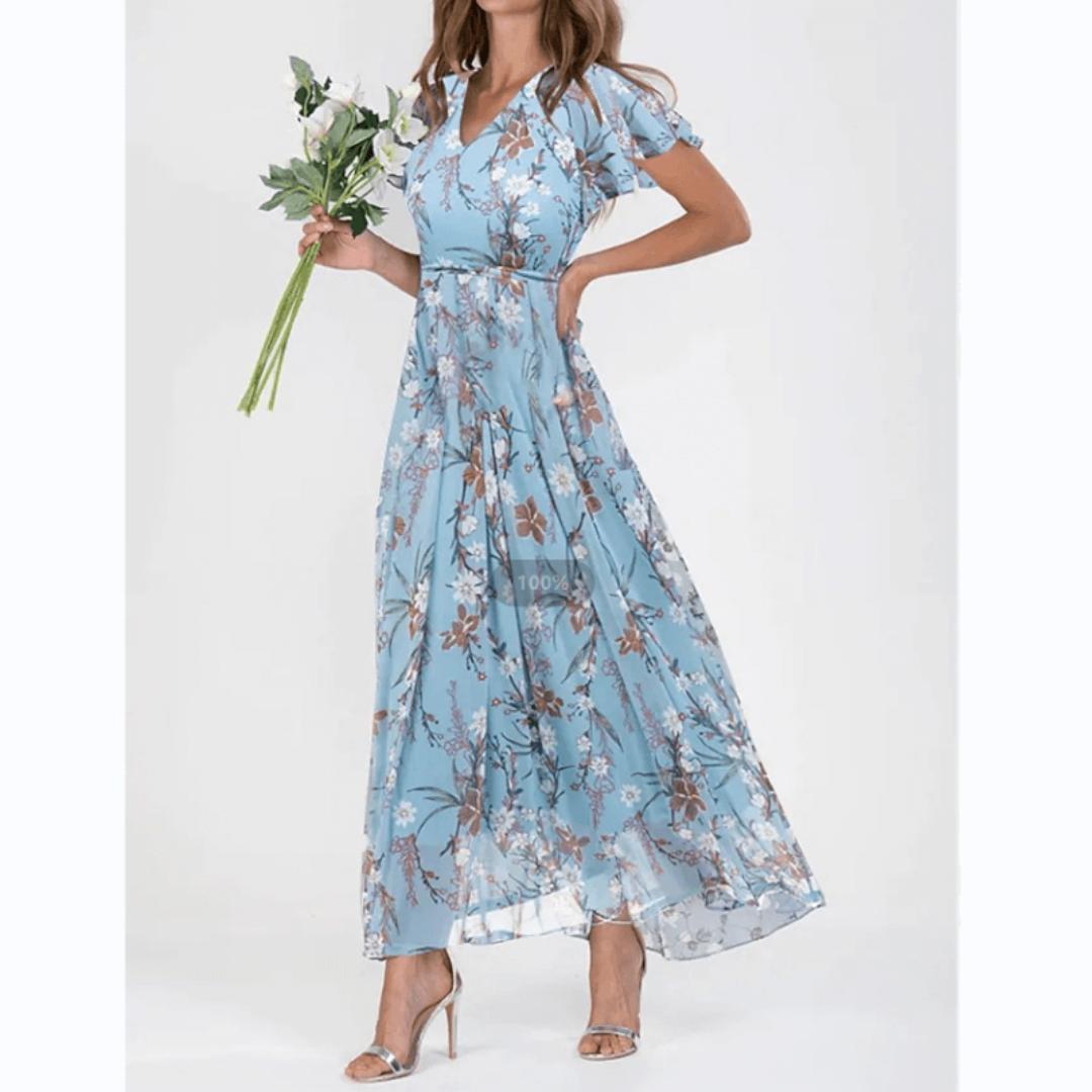 Floral A-Line Midi Dress | V-Neck with Flutter Sleeves | Lightweight Chiffon Layer