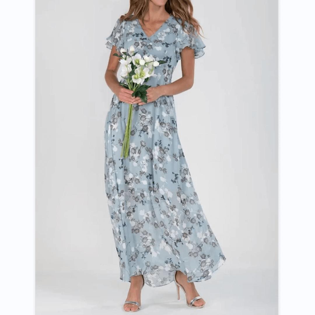 Floral A-Line Midi Dress | V-Neck with Flutter Sleeves | Lightweight Chiffon Layer