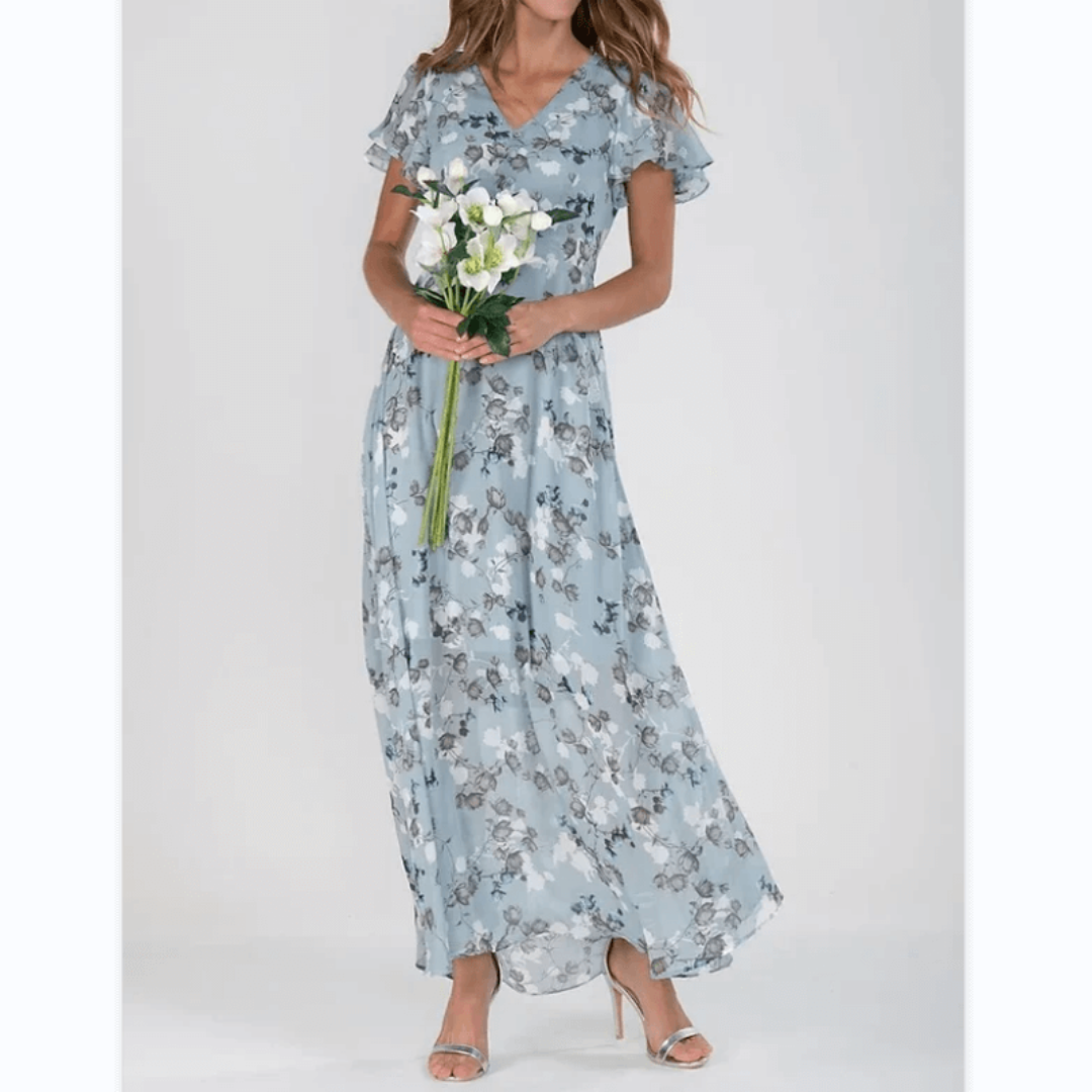 Floral A-Line Midi Dress | V-Neck with Flutter Sleeves | Lightweight Chiffon Layer