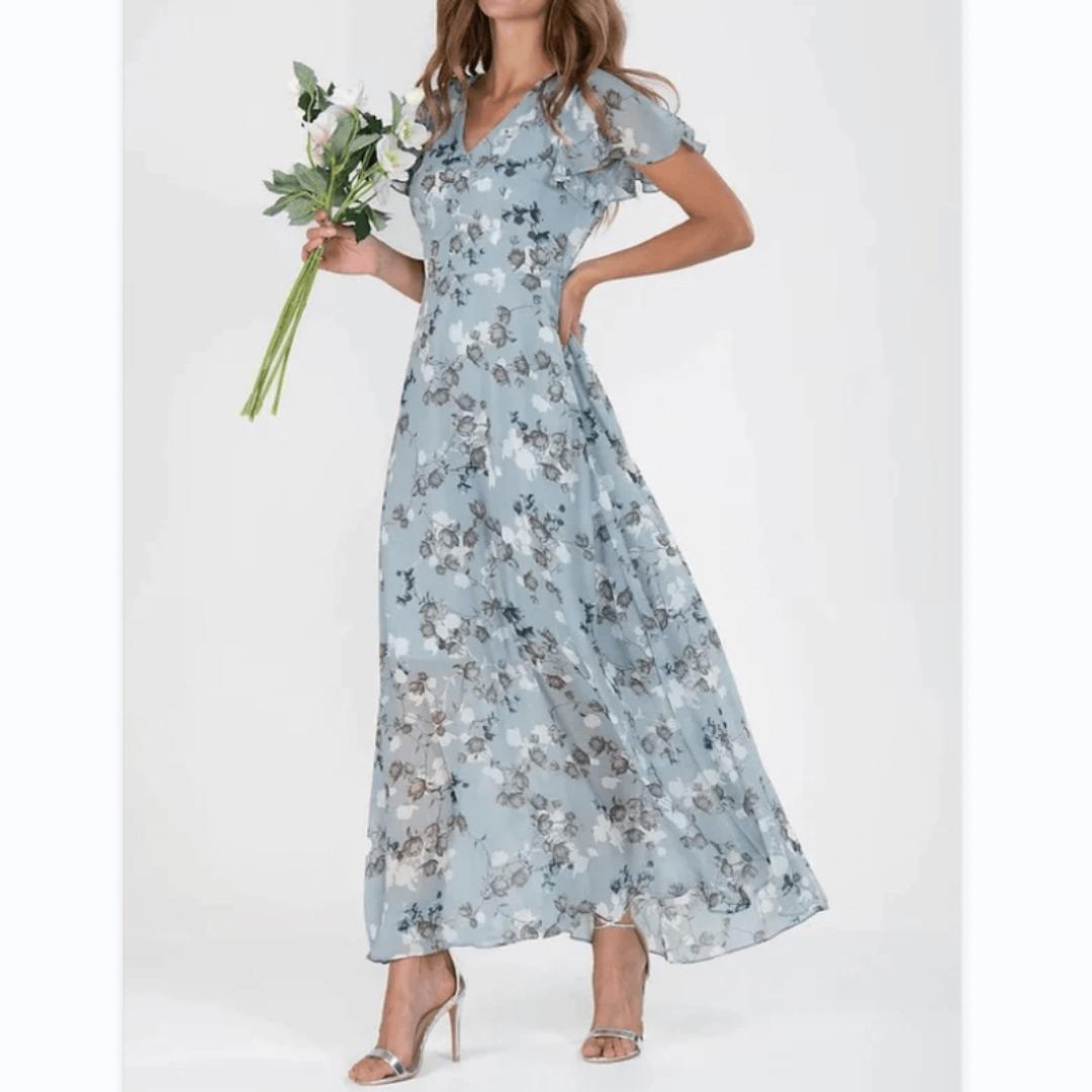 Floral A-Line Midi Dress | V-Neck with Flutter Sleeves | Lightweight Chiffon Layer