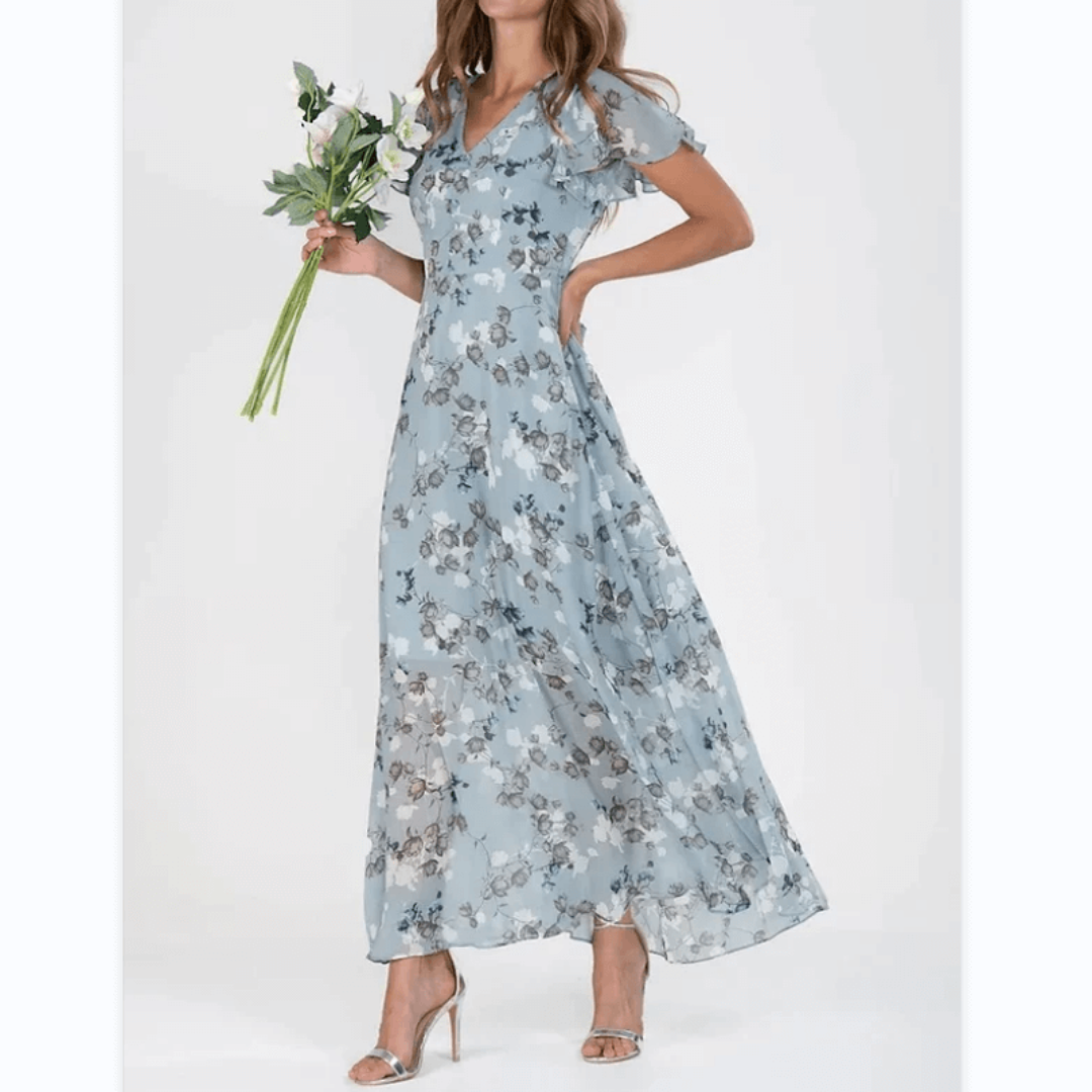 Floral A-Line Midi Dress | V-Neck with Flutter Sleeves | Lightweight Chiffon Layer