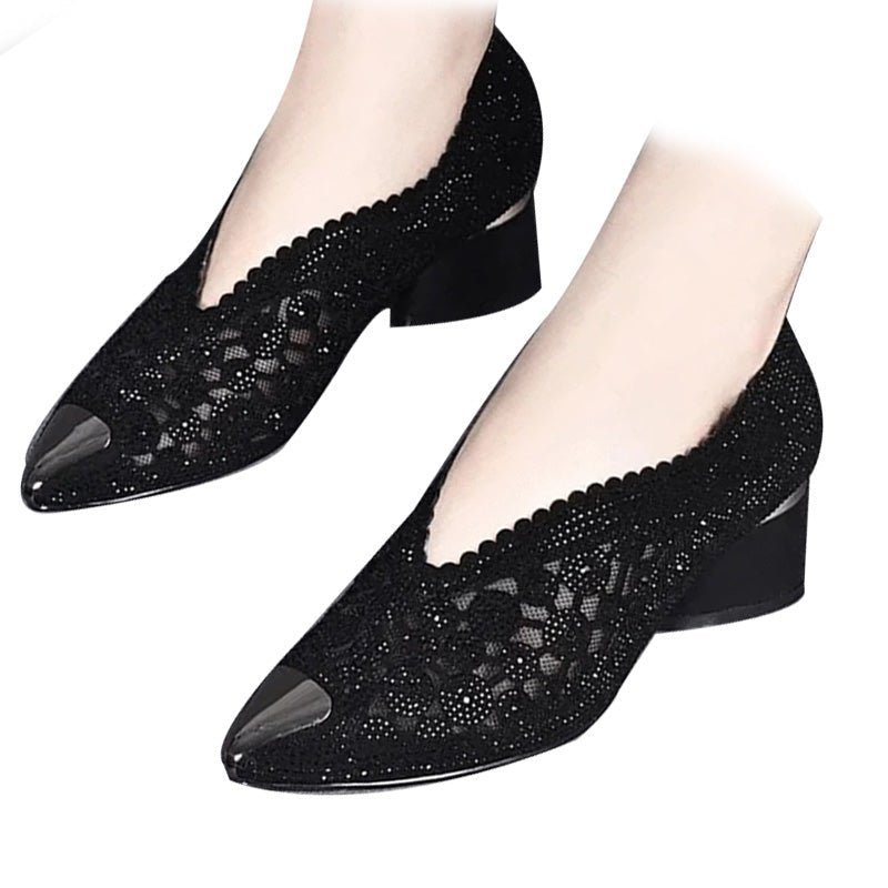 Pointed Lace Slip-On Shoes | Mesh Upper with Glossy Toe Cap